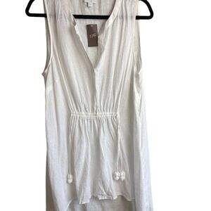 J.Jill White Linen Sleeveless Tunic Top Tassel Waist Drawstring L NEW